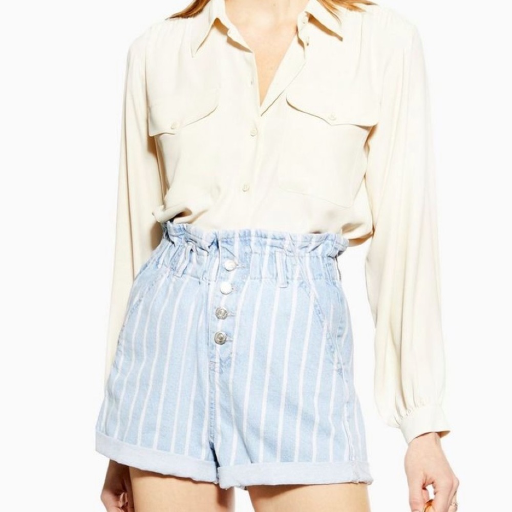 Topshop paper bag waist striped denim shorts